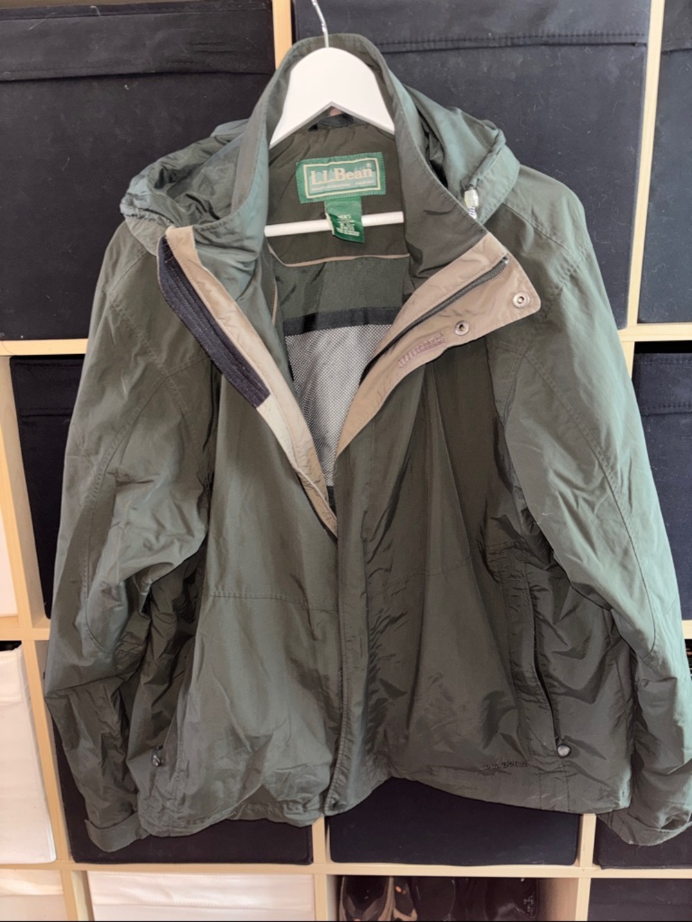 L.L. Bean Men's Hooded Raincoat in Olive Green with Tan Trim